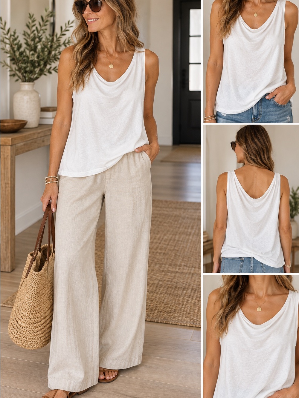 Eileen Fisher XL White Organic Cotton Draped Cowl Neck Tank Top